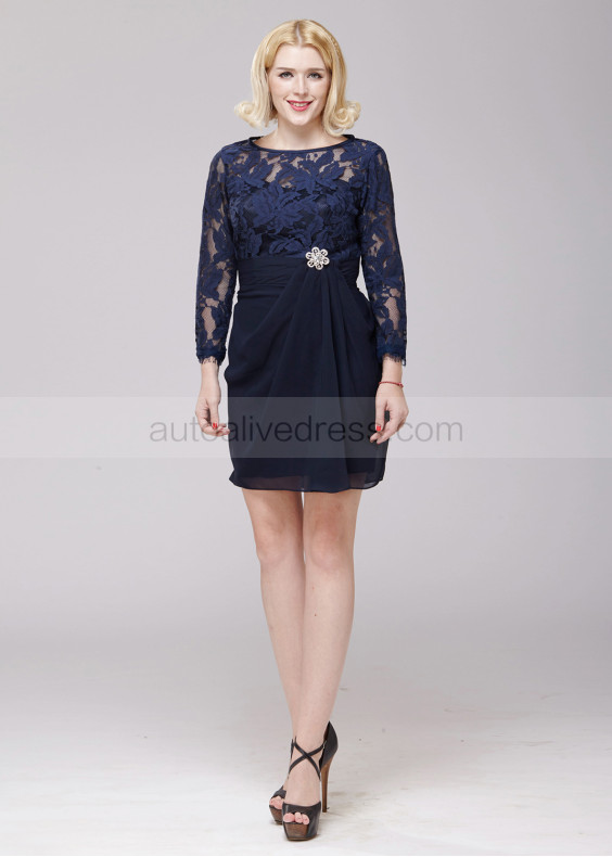 Navy Blue Lace Chiffon Fancy Crystal Brooch Mother Dress